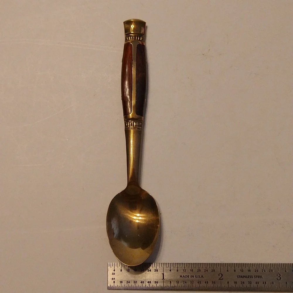 6 Vintage Brass and Rosewood Demitasse Spoons in Original Red Velvet case